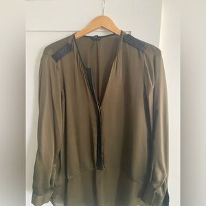 Semi-Sheer Olive green blouse with black leather trim. Club Monaco 100% silk